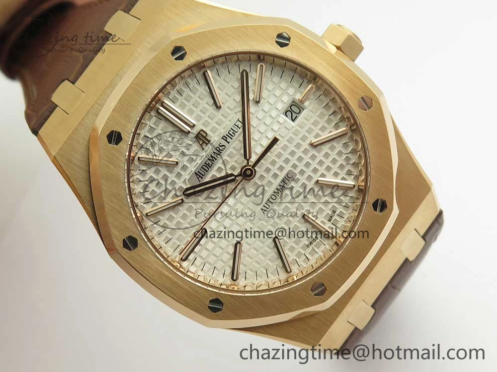 Royal Oak 41mm 15400 RG JF 1:1 Best Edition White Textured Dial on Brown Leather Strap A3120 V5