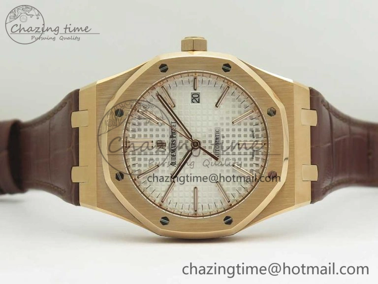 Royal Oak 41mm 15400 RG JF 1:1 Best Edition White Textured Dial on Brown Leather Strap A3120 V5