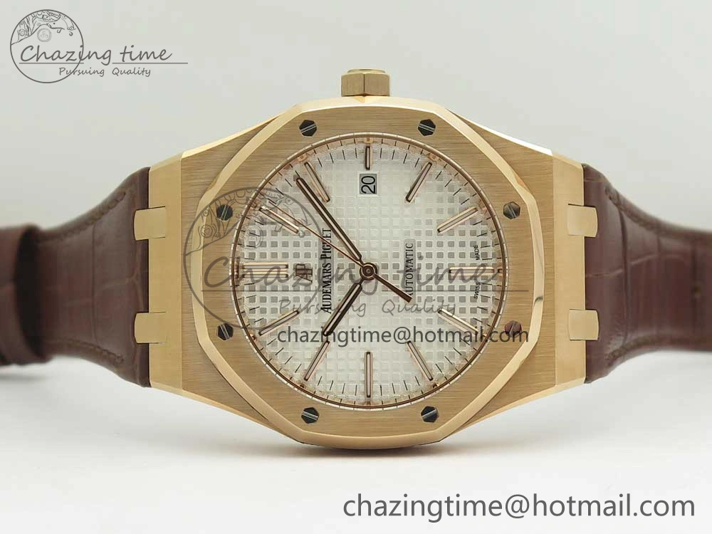 Royal Oak 41mm 15400 RG JF 1:1 Best Edition White Textured Dial on Brown Leather Strap A3120 V5