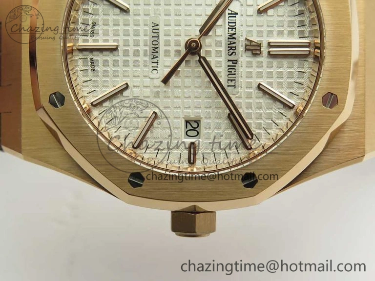 Royal Oak 41mm 15400 RG JF 1:1 Best Edition White Textured Dial on Brown Leather Strap A3120 V5