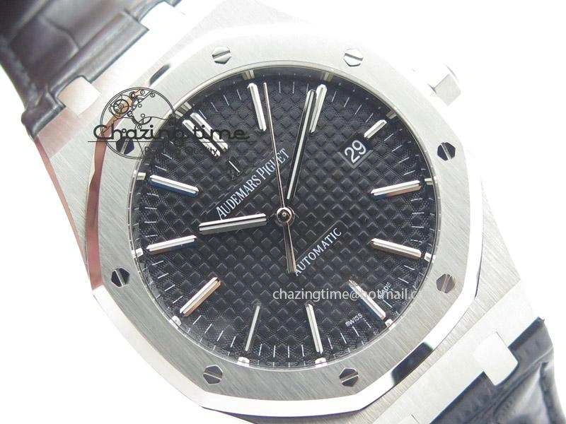 Royal Oak 41mm 15400 SS JF 1:1 Best Edition Black Dial On Black Leather Strap A3120