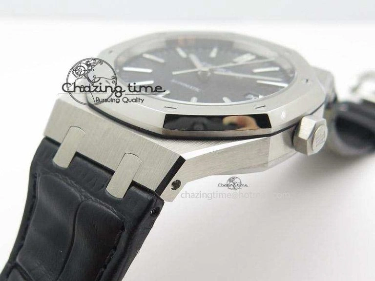 Royal Oak 41mm 15400 SS JF 1:1 Best Edition Black Dial On Black Leather Strap A3120