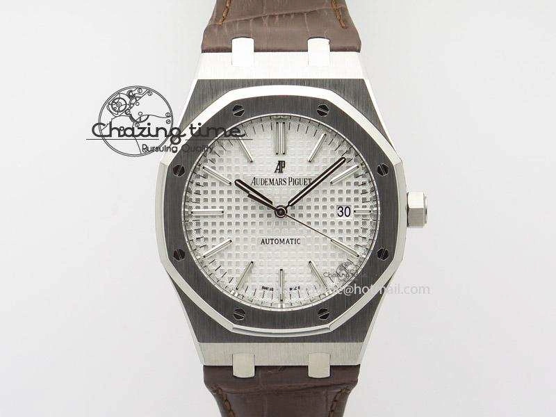 Royal Oak 41mm 15400 SS JF 1:1 Best Edition Silver Dial On Brown Leather Strap A3120