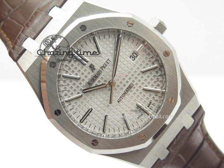 Royal Oak 41mm 15400 SS JF 1:1 Best Edition Silver Dial On Brown Leather Strap A3120