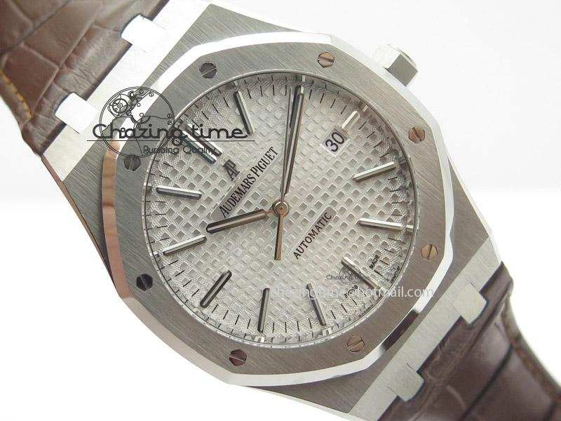 Royal Oak 41mm 15400 SS JF 1:1 Best Edition Silver Dial On Brown Leather Strap A3120