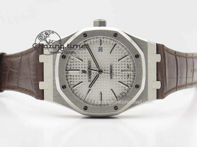 Royal Oak 41mm 15400 SS JF 1:1 Best Edition Silver Dial On Brown Leather Strap A3120