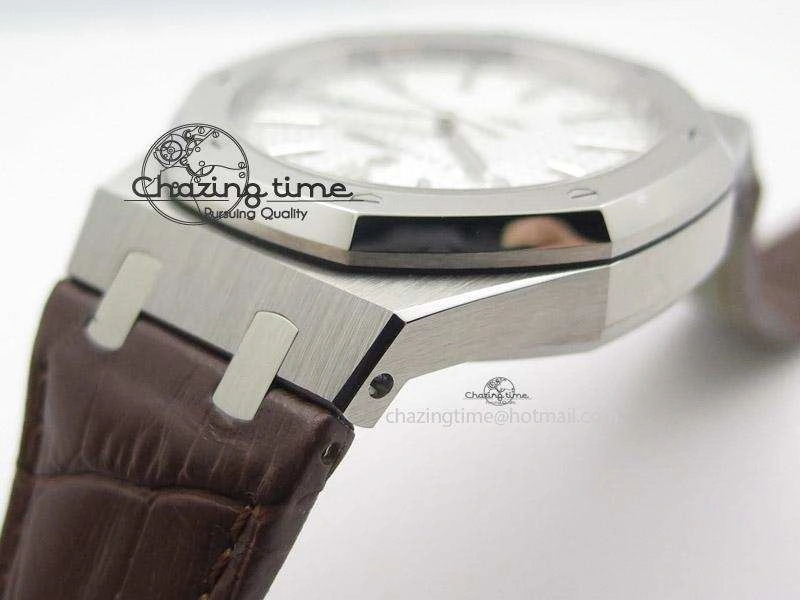 Royal Oak 41mm 15400 SS JF 1:1 Best Edition Silver Dial On Brown Leather Strap A3120