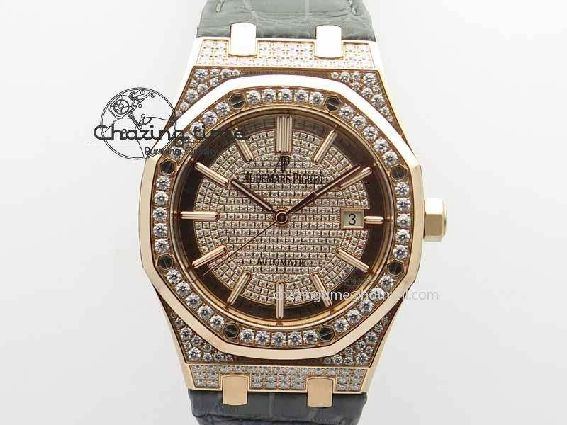 Royal Oak 41mm 15402 RG Full Paved Diamonds JF 1:1 Best Edition Diamonds Dial On Leather Strap A3120