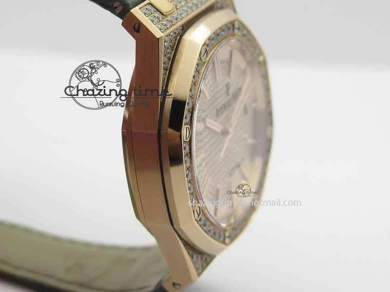 Royal Oak 41mm 15402 RG Full Paved Diamonds JF 1:1 Best Edition Diamonds Dial On Leather Strap A3120