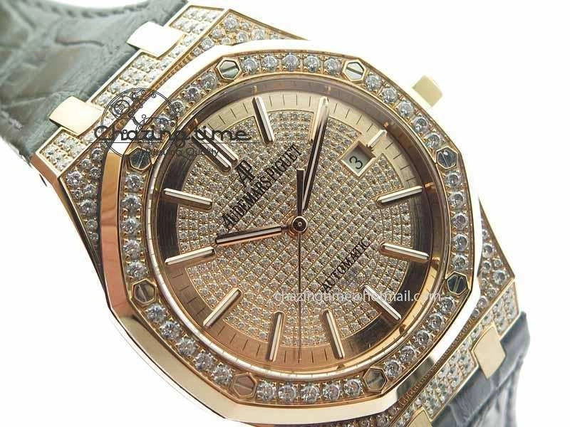 Royal Oak 41mm 15402 RG Full Paved Diamonds JF 1:1 Best Edition Diamonds Dial On Leather Strap A3120