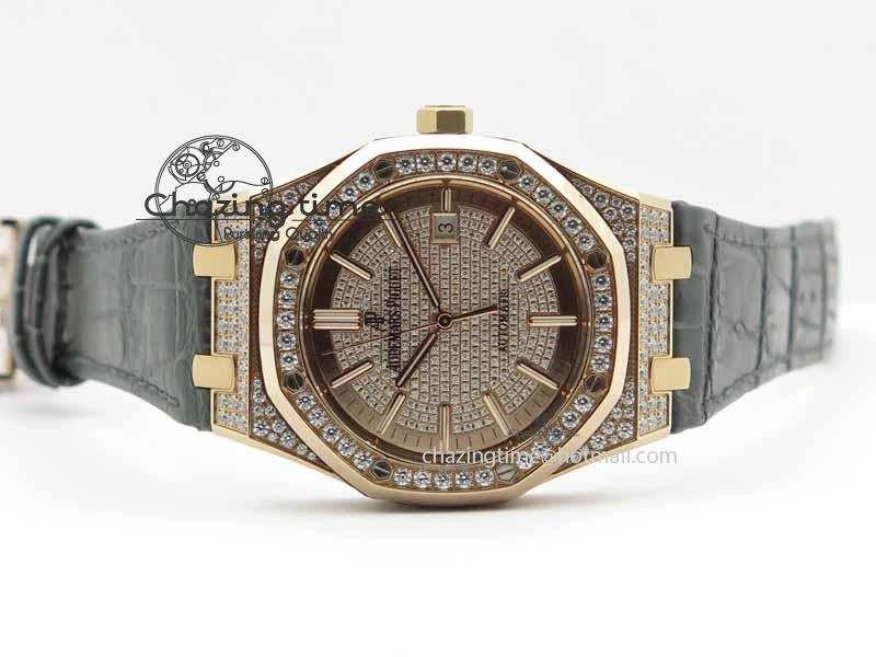 Royal Oak 41mm 15402 RG Full Paved Diamonds JF 1:1 Best Edition Diamonds Dial On Leather Strap A3120