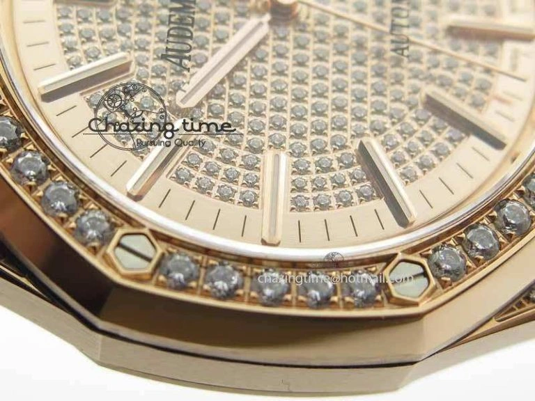 Royal Oak 41mm 15402 RG Full Paved Diamonds JF 1:1 Best Edition Diamonds Dial On Leather Strap A3120