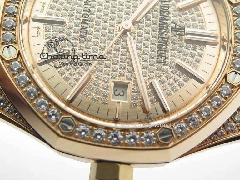 Royal Oak 41mm 15402 RG Full Paved Diamonds JF 1:1 Best Edition Diamonds Dial On Leather Strap A3120