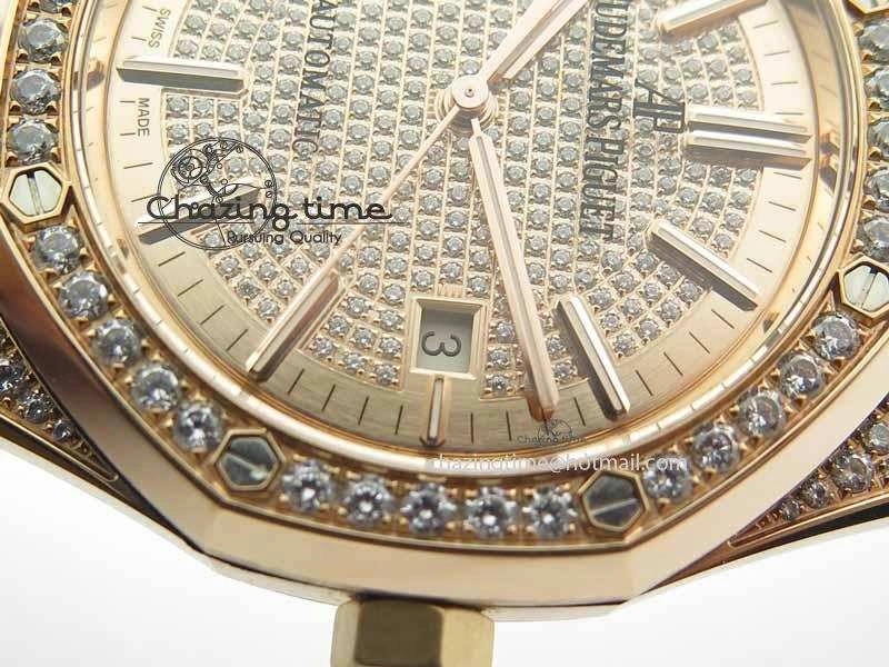 Royal Oak 41mm 15402 RG Full Paved Diamonds JF 1:1 Best Edition Diamonds Dial On Leather Strap A3120