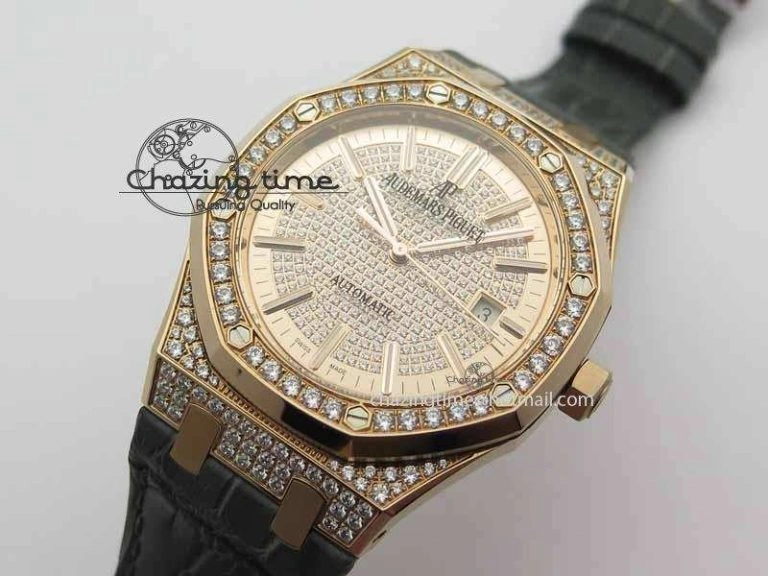 Royal Oak 41mm 15402 RG Full Paved Diamonds JF 1:1 Best Edition Diamonds Dial On Leather Strap A3120