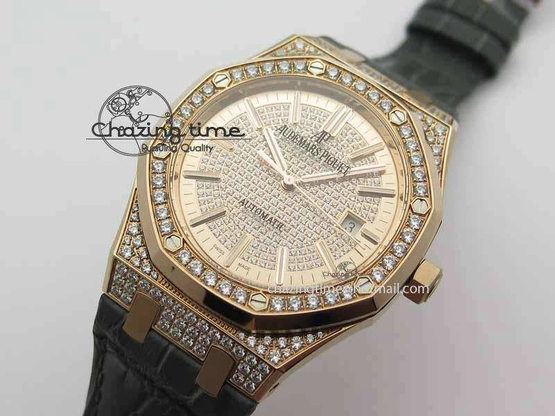 Royal Oak 41mm 15402 RG Full Paved Diamonds JF 1:1 Best Edition Diamonds Dial On Leather Strap A3120