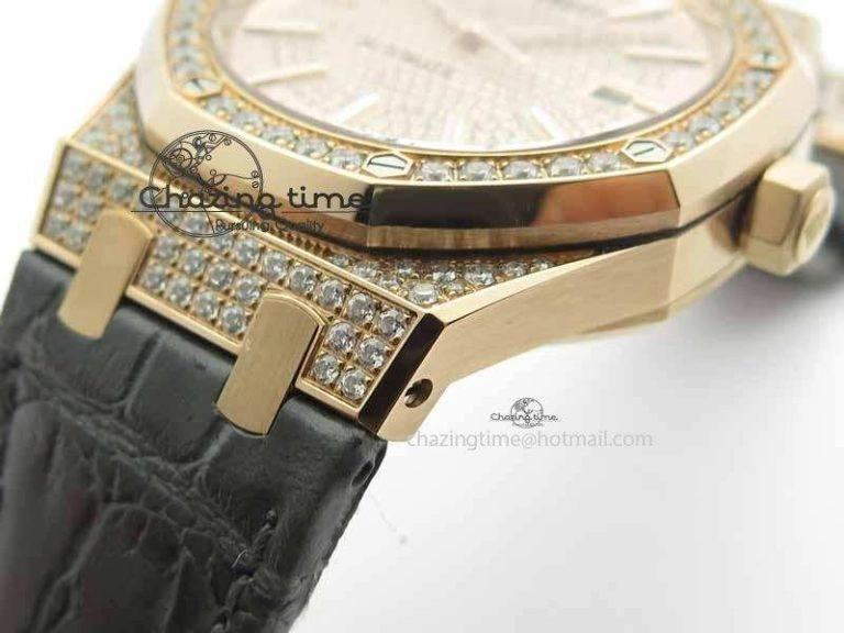 Royal Oak 41mm 15402 RG Full Paved Diamonds JF 1:1 Best Edition Diamonds Dial On Leather Strap A3120