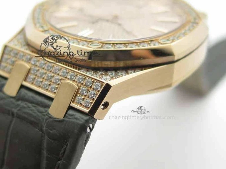 Royal Oak 41mm 15402 RG Full Paved Diamonds JF 1:1 Best Edition Diamonds Dial On Leather Strap A3120