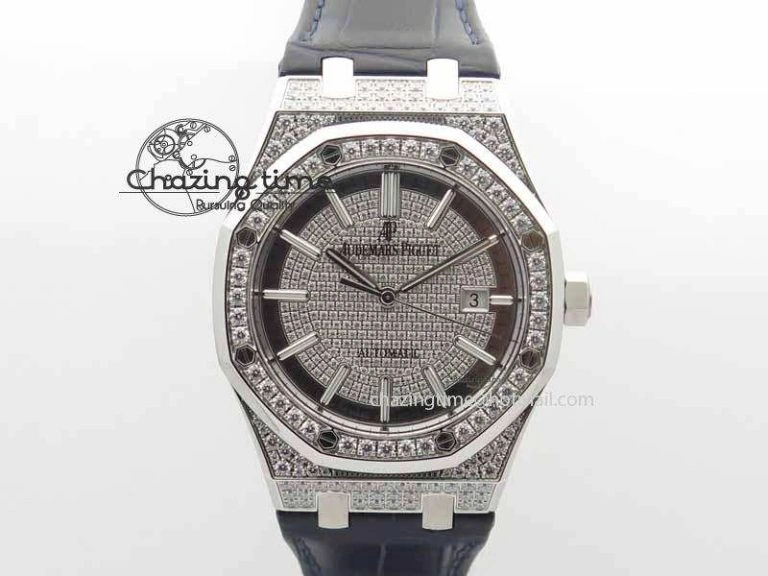 Royal Oak 41mm 15402 SS Full Paved Diamonds JF 1:1 Best Edition Diamonds Dial On Leather Strap A3120