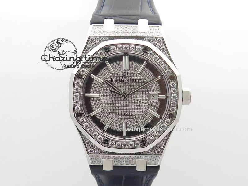 Royal Oak 41mm 15402 SS Full Paved Diamonds JF 1:1 Best Edition Diamonds Dial On Leather Strap A3120