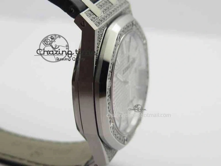 Royal Oak 41mm 15402 SS Full Paved Diamonds JF 1:1 Best Edition Diamonds Dial On Leather Strap A3120