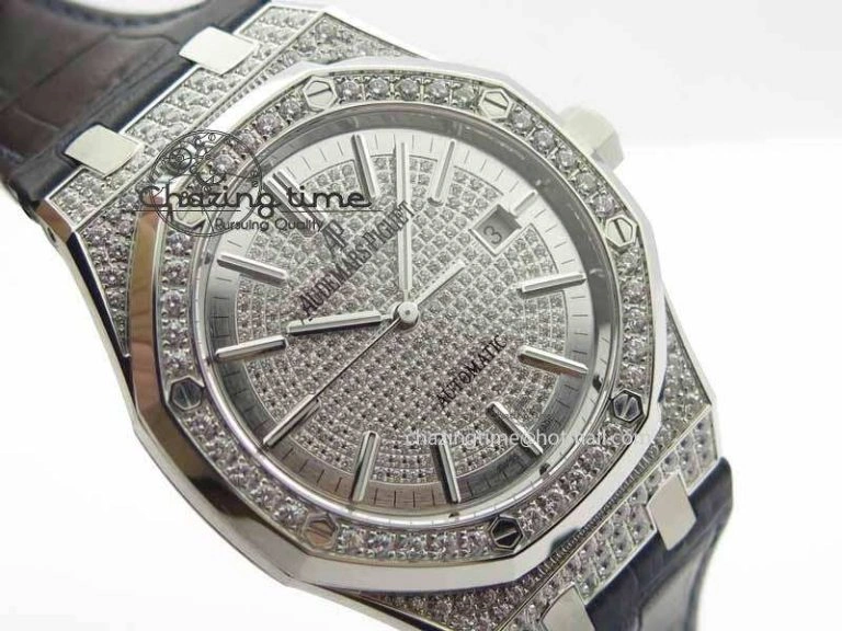 Royal Oak 41mm 15402 SS Full Paved Diamonds JF 1:1 Best Edition Diamonds Dial On Leather Strap A3120
