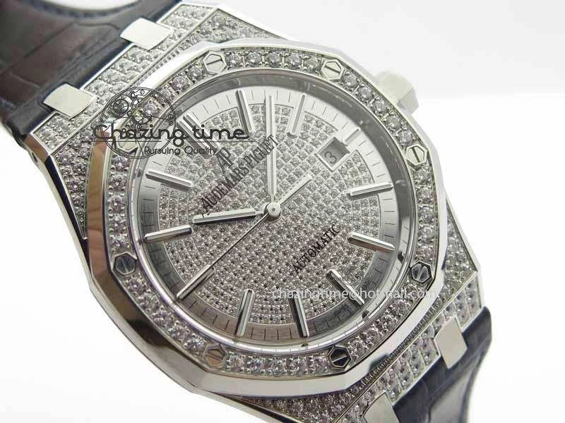 Royal Oak 41mm 15402 SS Full Paved Diamonds JF 1:1 Best Edition Diamonds Dial On Leather Strap A3120