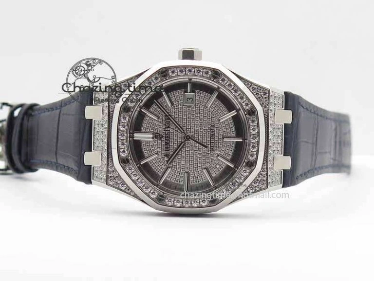 Royal Oak 41mm 15402 SS Full Paved Diamonds JF 1:1 Best Edition Diamonds Dial On Leather Strap A3120