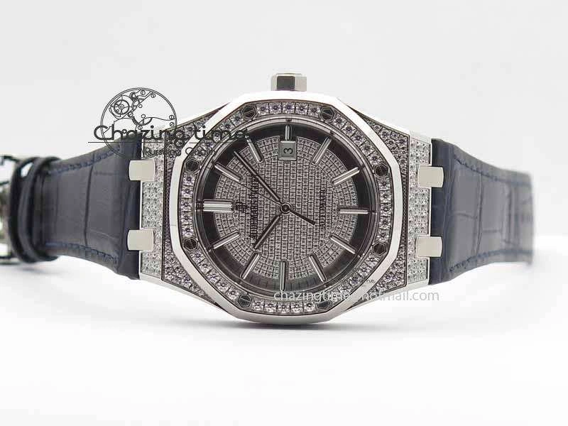Royal Oak 41mm 15402 SS Full Paved Diamonds JF 1:1 Best Edition Diamonds Dial On Leather Strap A3120