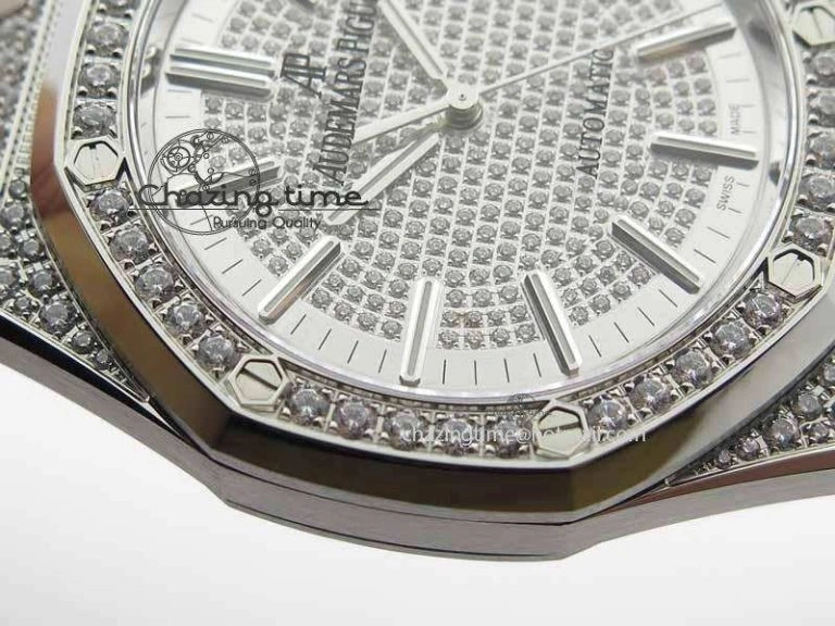 Royal Oak 41mm 15402 SS Full Paved Diamonds JF 1:1 Best Edition Diamonds Dial On Leather Strap A3120