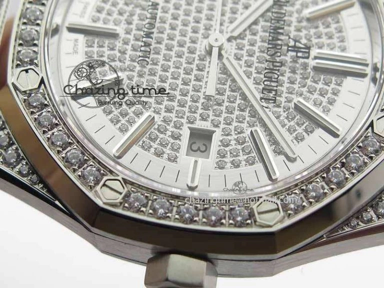 Royal Oak 41mm 15402 SS Full Paved Diamonds JF 1:1 Best Edition Diamonds Dial On Leather Strap A3120