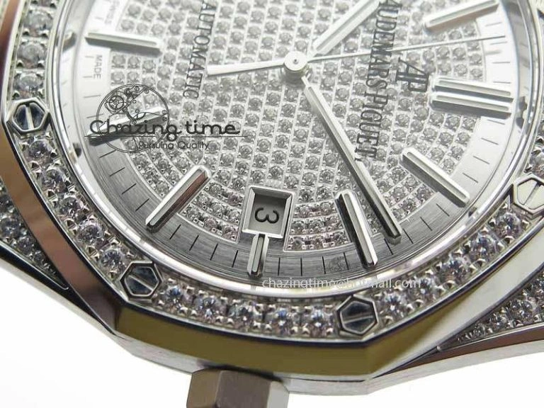 Royal Oak 41mm 15402 SS Full Paved Diamonds JF 1:1 Best Edition Diamonds Dial On Leather Strap A3120