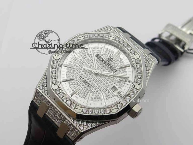 Royal Oak 41mm 15402 SS Full Paved Diamonds JF 1:1 Best Edition Diamonds Dial On Leather Strap A3120