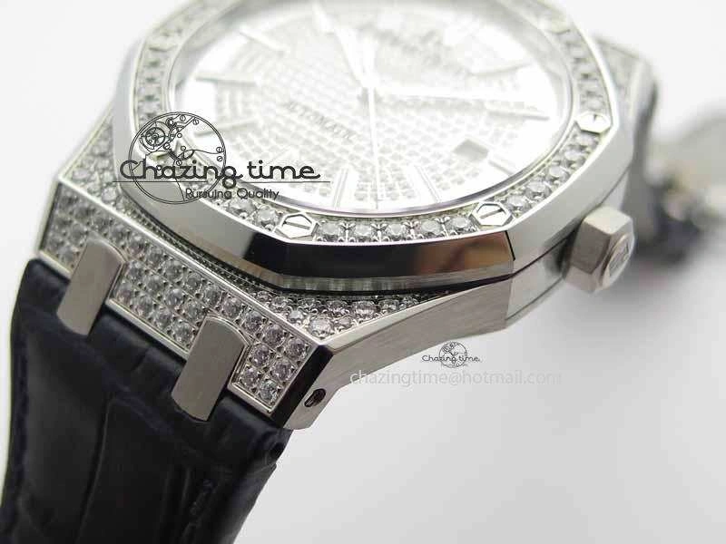 Royal Oak 41mm 15402 SS Full Paved Diamonds JF 1:1 Best Edition Diamonds Dial On Leather Strap A3120