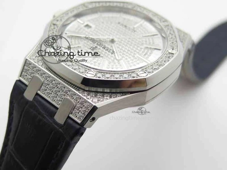 Royal Oak 41mm 15402 SS Full Paved Diamonds JF 1:1 Best Edition Diamonds Dial On Leather Strap A3120