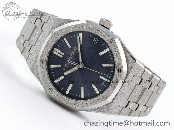 Royal Oak 41mm 15500 Frosted SS APSF 1:1 Best Edition Blue Textured Dial on SS Bracelet SA4302 Super Clone