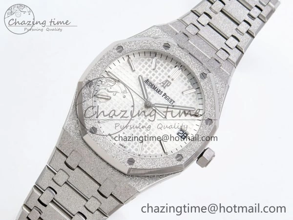 Royal Oak 41mm 15500 Frosted SS APSF 1:1 Best Edition White Textured Dial on SS Bracelet SA4302 Super Clone