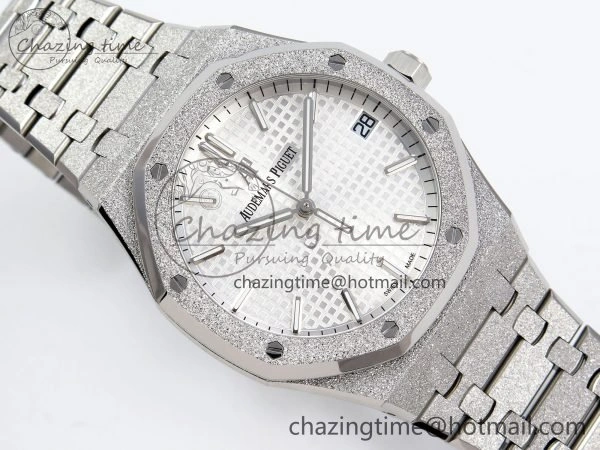 Royal Oak 41mm 15500 Frosted SS APSF 1:1 Best Edition White Textured Dial on SS Bracelet SA4302 Super Clone