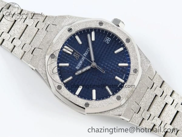 Royal Oak 41mm 15500 Frosted SS IPF 1:1 Best Edition Blue Textured Dial on SS Bracelet SA4302 Super Clone