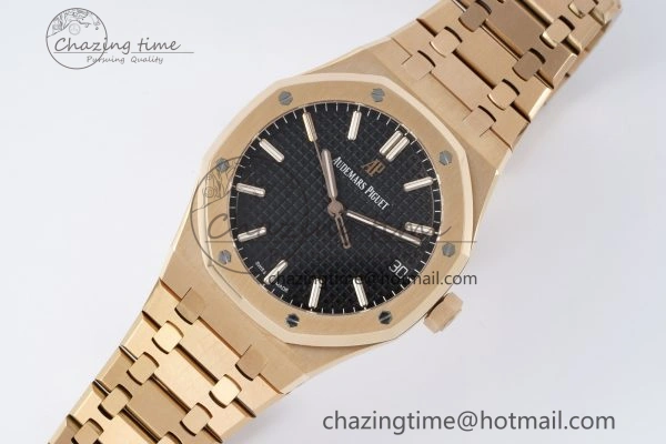 Royal Oak 41mm 15500 RG APSF 1:1 Best Edition Black Textured Dial on RG Bracelet A4302 Super Clone