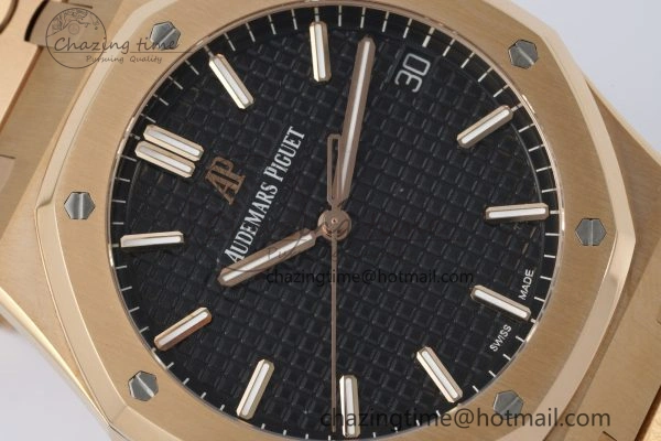 Royal Oak 41mm 15500 RG APSF 1:1 Best Edition Black Textured Dial on RG Bracelet A4302 Super Clone