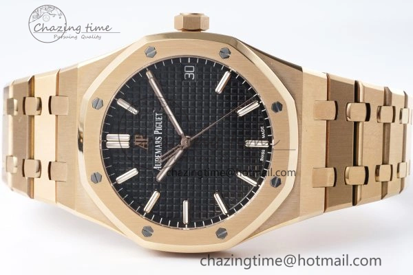 Royal Oak 41mm 15500 RG APSF 1:1 Best Edition Black Textured Dial on RG Bracelet A4302 Super Clone