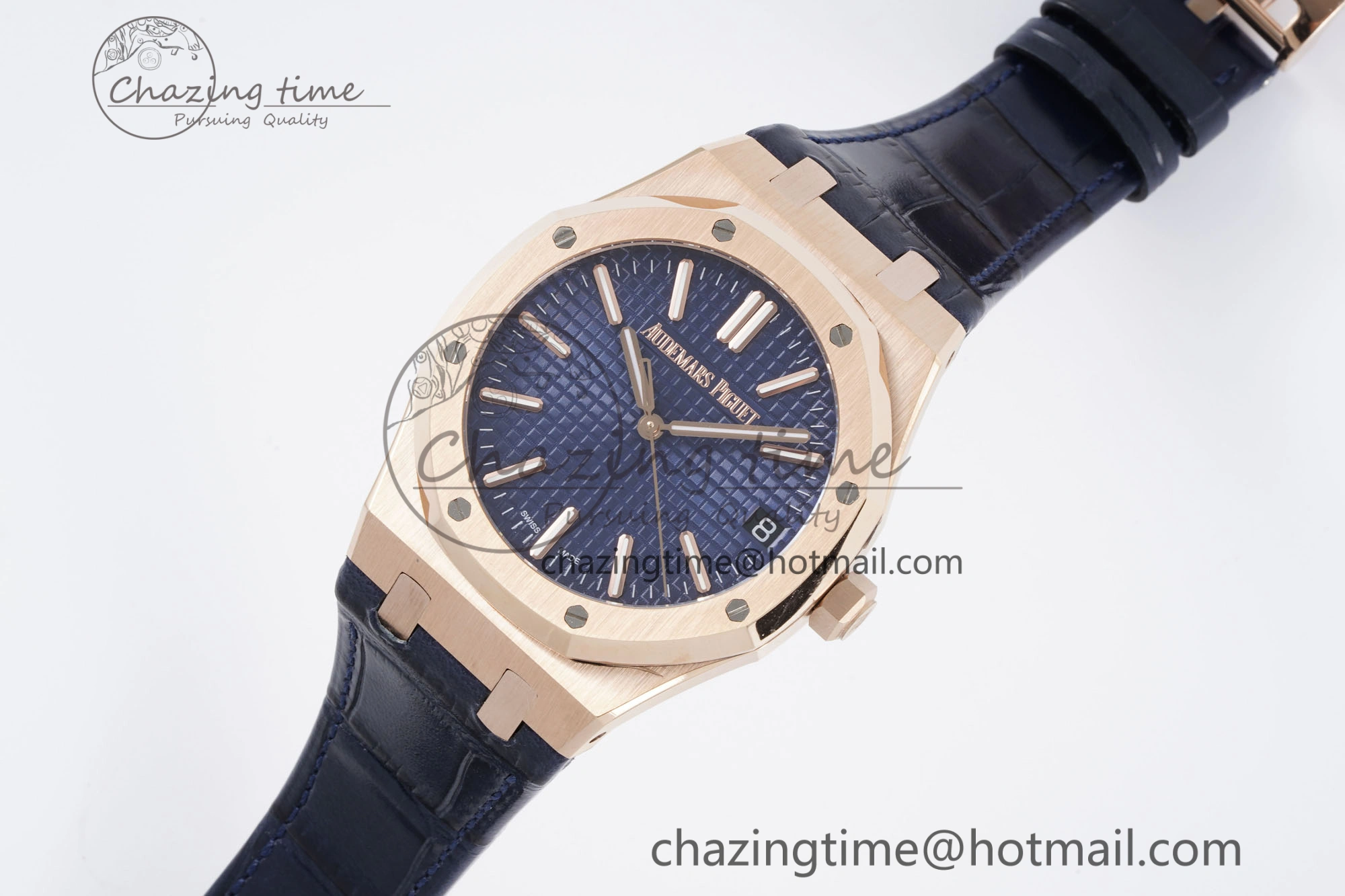 Royal Oak 41mm 15500 RG BF 1:1 Best Edition Blue Textured Dial on Blue Leather Strap A4302