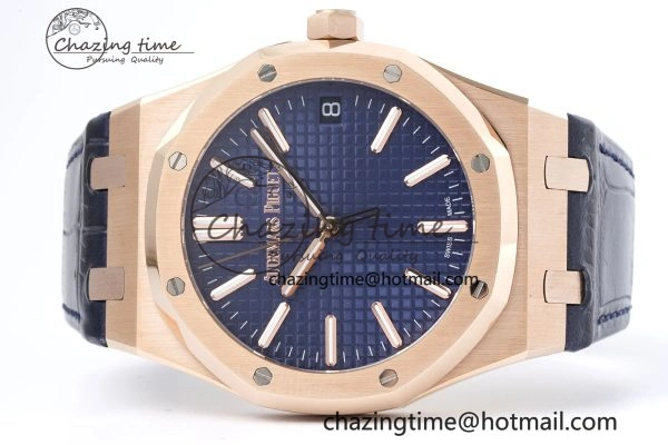 Royal Oak 41mm 15500 RG BF 1:1 Best Edition Blue Textured Dial on Blue Leather Strap A4302