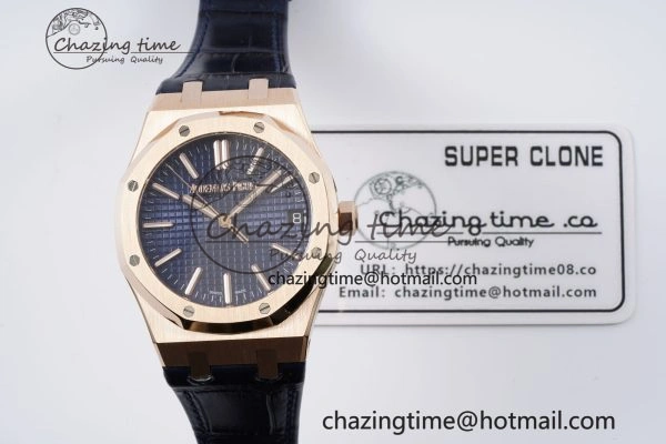 Royal Oak 41mm 15500 RG BF 1:1 Best Edition Blue Textured Dial on Blue Leather Strap A4302