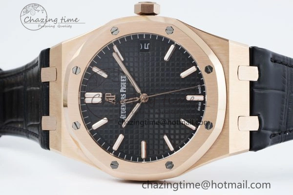 Royal Oak 41mm 15500 RG IPF 1:1 Best Edition Black Textured Dial on Black Leather Strap SA4302 Super Clone