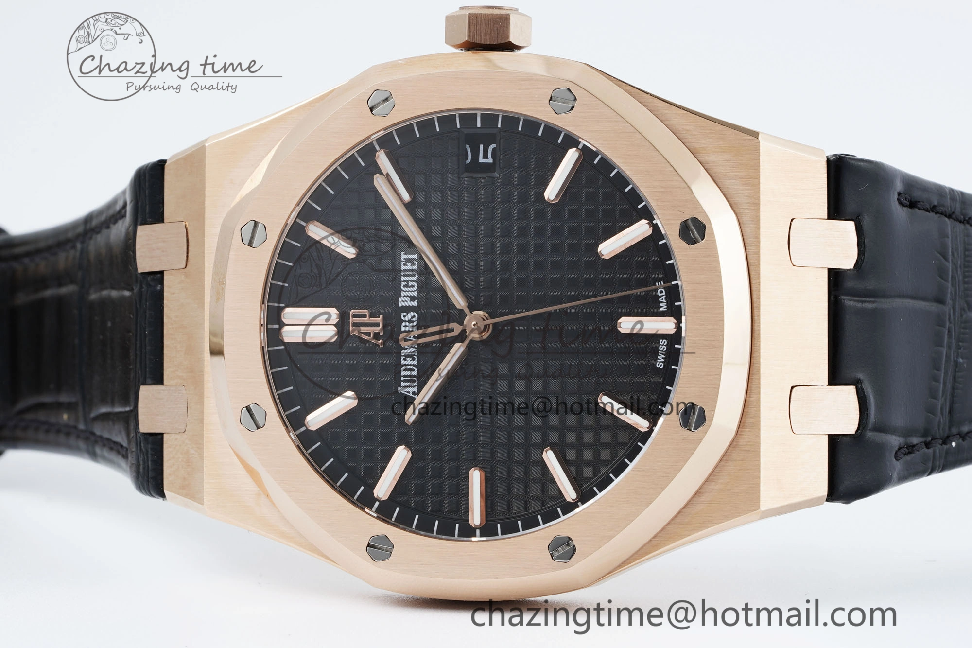 Royal Oak 41mm 15500 RG IPF 1:1 Best Edition Black Textured Dial on Black Leather Strap SA4302 Super Clone