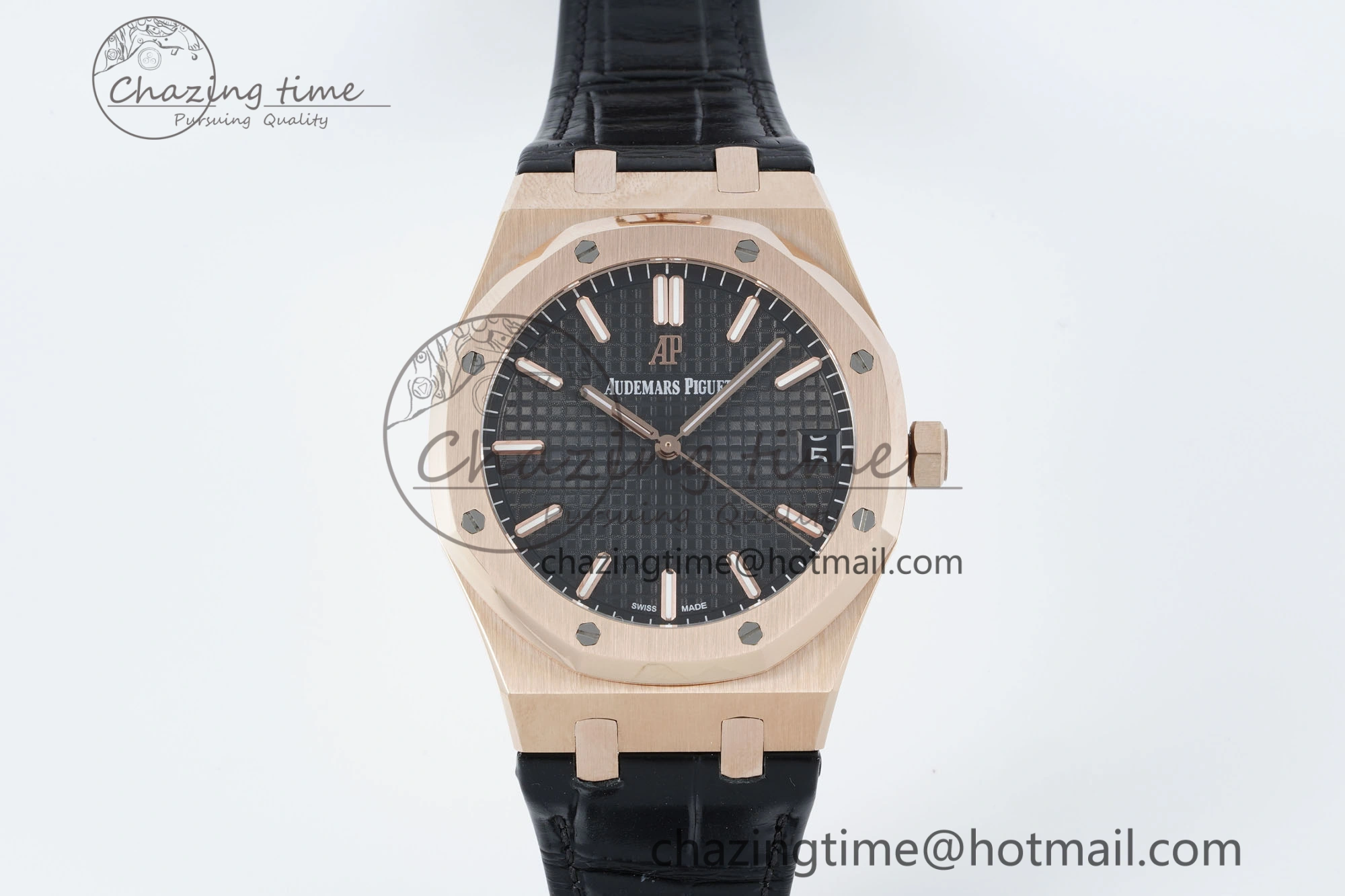 Royal Oak 41mm 15500 RG IPF 1:1 Best Edition Black Textured Dial on Black Leather Strap SA4302 Super Clone
