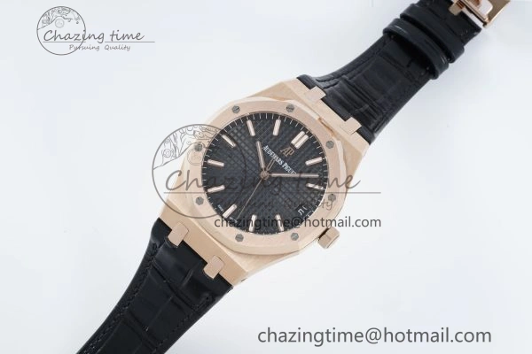 Royal Oak 41mm 15500 RG IPF 1:1 Best Edition Black Textured Dial on Black Leather Strap SA4302 Super Clone