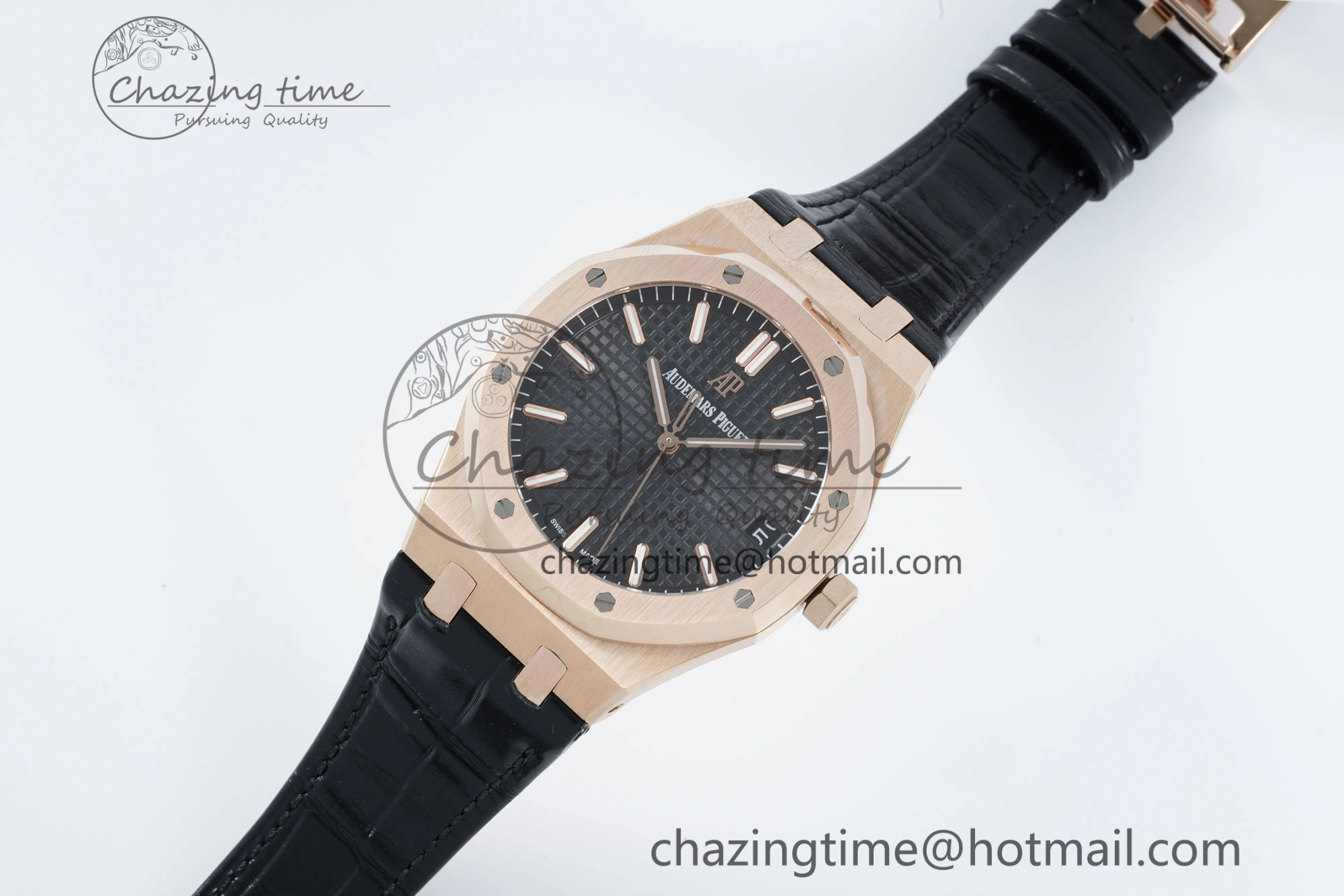 Royal Oak 41mm 15500 RG IPF 1:1 Best Edition Black Textured Dial on Black Leather Strap SA4302 Super Clone